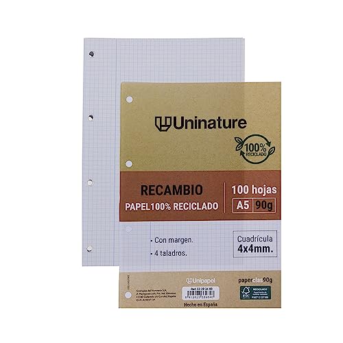 Unipapel | Recambio de Papel Reciclado A5 | 100 Hojas Cuadriculadas 4x4 | Con Margen | Papel Súper Resistente | PaperClass90g