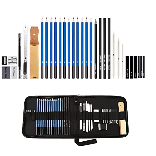 YMTECH Sketch Pencil Set, 33 piezas Sketching and Drawing Professional Art Set con lápiz de grafito Lápices de carbón Lápices de papel Sacapuntas Borradores en estuche de lápices para niños y adultos