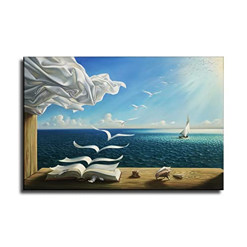Salvador Dali Sea Waves Libro Cuadro Lienzo Pintura Arte Arte Mural Impresión Moderna Dormitorio Decoración Arte Marco de Madera Listo para colgar (Arte de Pared Onda, 16 x 24 pulgadas (40 x 60 cm)