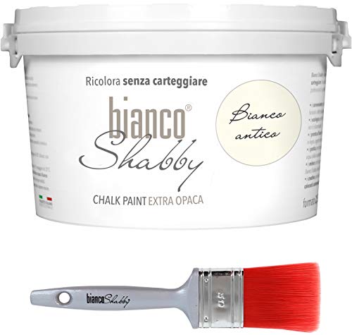bianco Shabby Pintura a la Tiza para Todas las Superficies - 2.5 L Chalk Paint Blanco Antiguo + Brocha 50mm para Muebles de Madera