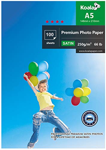 KOALA Papel fotográfico satinado, A5, 250 g/m², 100 hojas, con revestimiento de resina avanzada satinado premium, para impresora de inyección de tinta Canon Hp Epson
