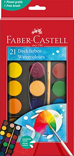 Faber Castell 125027 Caja para Acuarelas, de 21 Colores, Incl. Pincel, Caja para Colorear para la Escuela y el Tiempo Libre