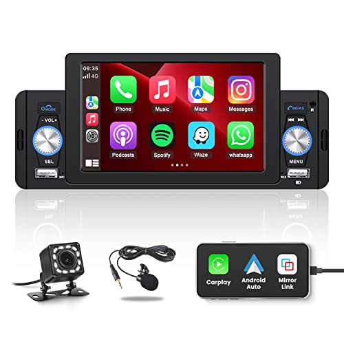 Hikity Radio Coche Bluetooth 1 DIN Apple Carplay Android Auto 5 Pulgadas Pantalla Táctil Autoradio Bluetooth Manos Libres FM Radio USB SWC Control Remoto Micrófono Externo Cámara de Visión Trasera