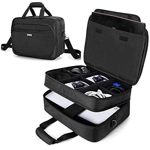 CURMIO Bolsa de Viaje Compatible con PS5, PS4, PS4 Pro, Bolsa Consola, Doble Capa Funda de Transporte para PS5, Controladores, Juegos y Accesorios, Negro (Sola Bolsa)