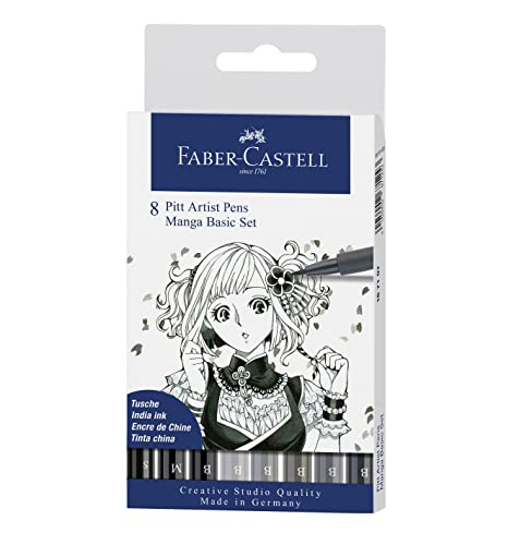 Faber-Castell 167107 - Pack de 8 rotuladores para dibujo Manga Pitt Basic Set, estuche básico, tonos negros y grises