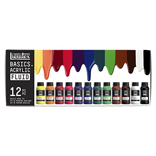 LIQUITEX Basics Fluid - Pintura acrílica de consistencia fluida, secado rápido, resistente a la luz, impermeable, acabado satinado permanente, set de 12 colores de 118 ml