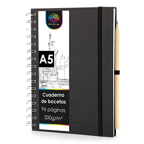 OfficeTree Cuaderno de dibujo A5 con anillas - Vertical - 96 páginas, 48 hojas - Bloc dibujo A5 200 g - Bloc de dibujo para acuarela - Cuaderno dibujo con lápiz
