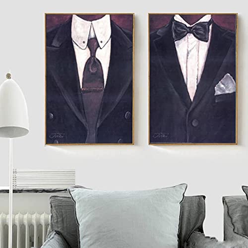 Pintura en lienzo Retro Hombre negro Traje Corbata Póster Impresión Arte de la pared Imágenes vintage Sala de estar Niños Tienda de ropa Decoración-40x70cmx2 Sin marco