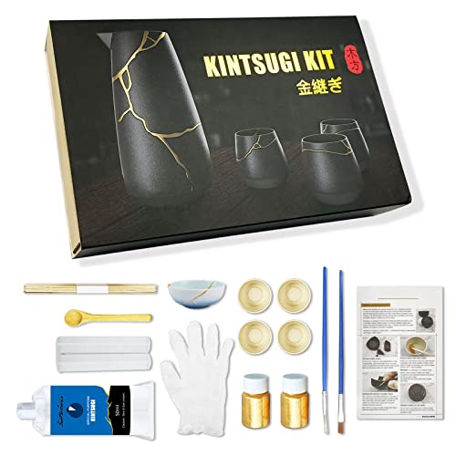 Kit de reparación Kintsugi, reparación de artículos de cerámica atesorados con pegamento de polvo dorado de 50 ml, kit de Kintsugi de nivel de entrada, con una taza de cerámica de práctica