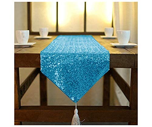 Camino de mesa con borlas turquesa de 12 x 90 pulgadas, camino de mesa azul brillante superposición de lentejuelas para decoración del hogar, camino de mesa de boda