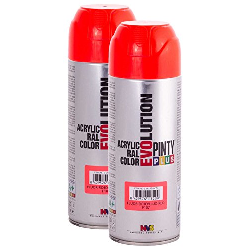PintyPlus EVOLUTION - Pintura en aerosol acrílico (2 unidades, F107, secado rápido), color rojo fluorescente