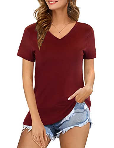 heekpek Camisa Manga Corta Mujer Verano Algodon de Cuello en V Camisa de Túnica T-Shirt Basica Casual Camisa de Mujer, Burdeos, M