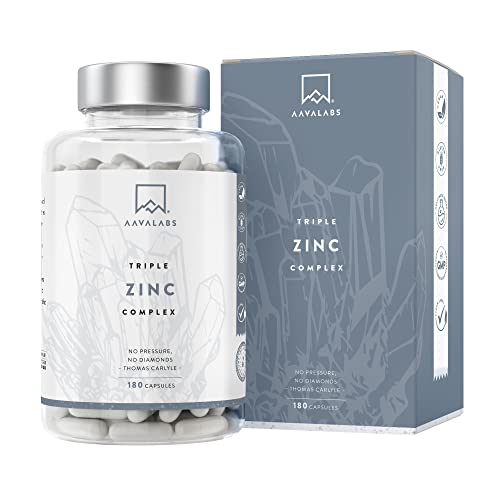 AAVALABS® - Triple Zinc Premium - 25mg - Altamente concentrado - 3x Formas de Zinc -Picolinato, Bisglicinato y Monometionina - 180 Cápsulas - Testado en laboratorio y apto para veganos.