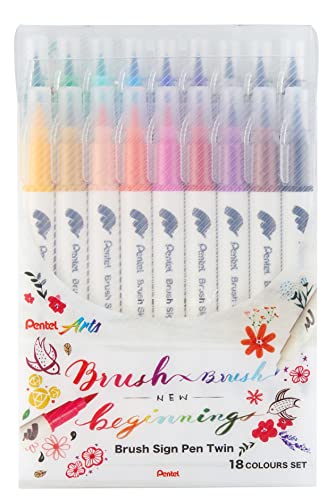 Pentel SESW30C-18 Brush Sign Pen Twin, 18 colores, rotuladores con dos puntas flexibles, tinta a base de agua, surtidos