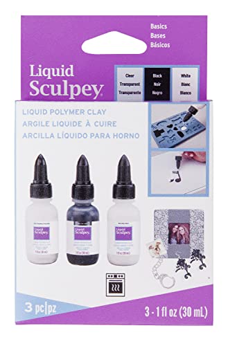 Polyform Sculpey Liquid Basics-Paquete de 3 Unidades, Transparente, Negro, Blanco, 3