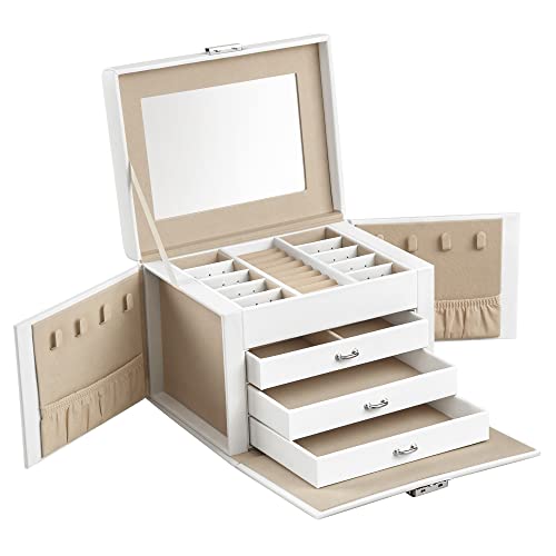 SONGMICS Caja Joyero de 4 Niveles, Caja para Joyas con Asa, 3 Cajones, Espejo Grande, Cerradura, para Viajar, Almacenamiento de Joyas, Estilo Moderno, Regalo para Seres Queridos, Blanco JBC159W01