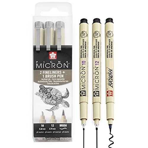 Sakura Pigma Micron - Bolígrafos de punta fina de pigmento - 10/12/pincel - Cartera de 3 - Tinta negra