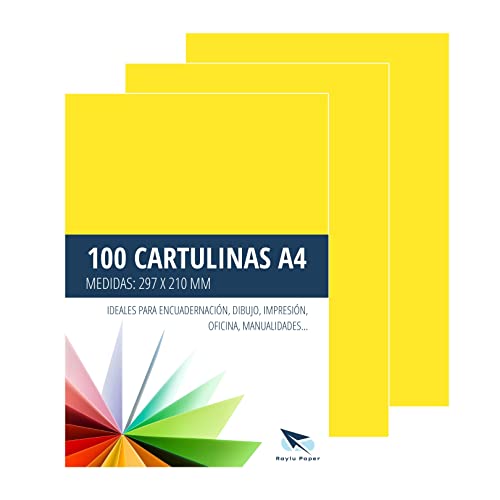 Raylu Paper® Cartulinas A4 100 unidades de color Amarillo, 180gr 210 x 297 mm, Ideal para encuadernación, trabajos de oficina, dibujo, manualidades. aptas para uso escolar. (Amarillo Canario)