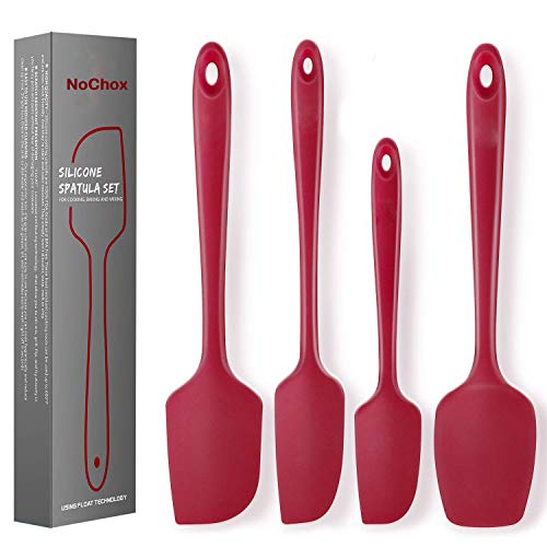 NoChoX 4 Piezas Espátulas de Cocina,Resistente al Calor 500°F,Cuchara de Cocina Silicona con Núcleo de Acero,Sin BPA,No Tóxico,Antiadherente,Utensilios de Cocina para Mezclar,Hornear y Cocina,Rojo