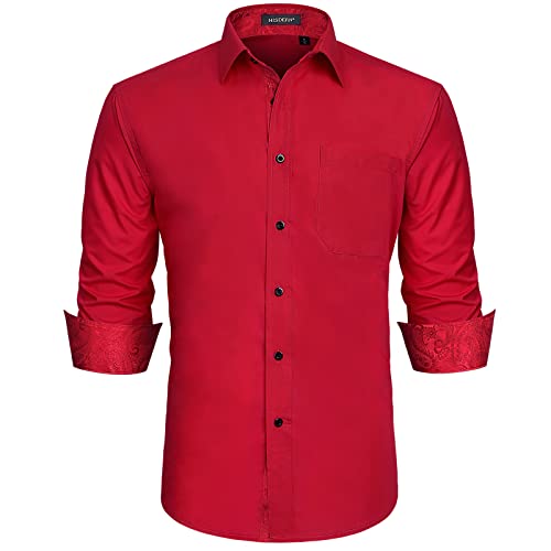 Camisa de Vestir roja para Hombre Formal de Manga Larga Botón hacia Abajo Marrón Paisley Trabajo Cuello Floral Ajuste Regular Camisa borgoña XXL