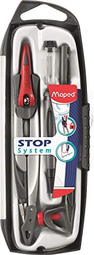 Maped - Material Escolar - Stop System Caja 5 Piezas - Compás Escolar de Precisión - Incluye 1 Abrazadera Universal, 1 Portaminas, 1 Afilaminas y 1 Estuche de Minas - Sistema de Bloqueo de Brazos