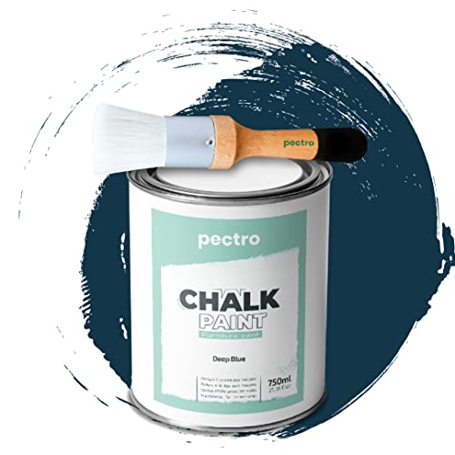 PECTRO Pintura a la Tiza para Muebles 750ml + Brocha de madera especial Pack - Pintura para Muebles sin lijar - Pintura para Madera - Pintura Chalk Paint Efecto Tiza Colores (Azul Profundo)
