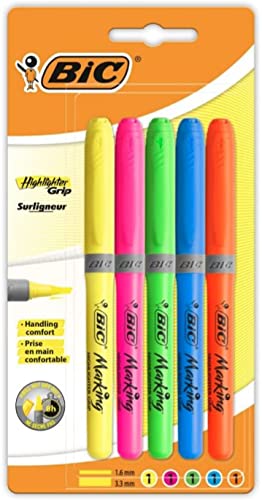BIC Highlighter Grip – Marcador fluorescente de bolsillo, Colores Surtidos(Pack de 5)