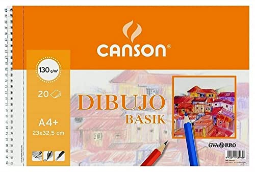 Canson Dibujo Basik Liso, Álbum Espiral Microperforado, A4+ (23 x 32.5 cm) 20 Hojas 130 g, Color Blanco