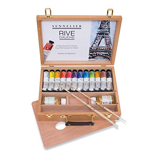 Rive Gauche Oil Wooden Box Set by Sennelier, Includes 12-40ml Tubes of Oil Color, 100ml Thinner, 100ml Liquid Medium, Round Brush #4, Flat Brush #6 (10-130327-00)