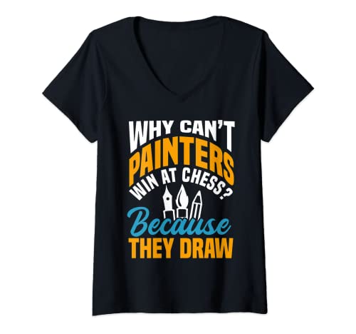 Mujer ¿Por qué los pintores no pueden ganar en ajedrez? Porque dibujan pintores Camiseta Cuello V