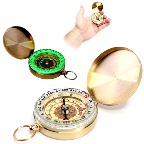 FISHTEC Brújula magnética de navegación oro – caja de regalo, fosforescente, estilo reloj con escudete, anillo de sujeción, esfera 360°, numerado, diámetro Ø 5,5 cm – latón color oro