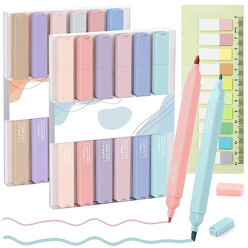 Sofore Subrayadores Pastel,12 Piezas Subrayadores de Doble Cuadrado Punta Rotuladores Subrayadores Pastel Resaltador Estéticos con 10 Etiquetas Coloridas, para Diarios, Libros de Referencia, Escuela