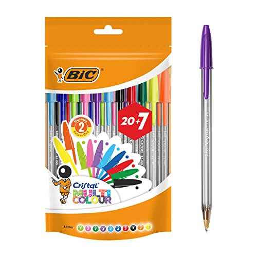 BIC Cristal Multicolour Bolígrafos Punta Ancha (1.6 mm) – Colores Surtidos, Bolsa de 20+7 Unidades, ideal para dibujos y anotaciones, Multicolor