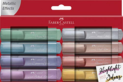 Faber-Castell. Pack 8 textliner 46 metálicos. Verde, Azul, Violeta, rojo, plata, rubí, rosa y oro. Presentación estuche de cartón rojo.