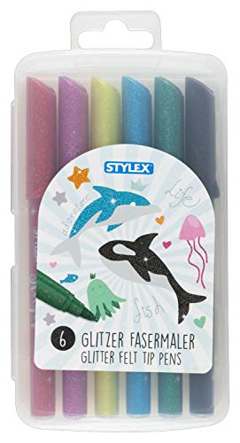 Stylex 64016 – Rotuladores con purpurina, para niños, 6 colores, en caja resellable, para pintar, manualidades y dibujar.