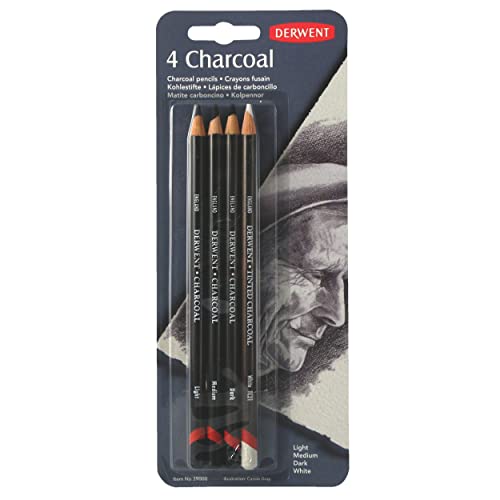 Lápices Derwent de Carboncillo para Dibujar, Set de 4, Claro, Medio, Oscuro & Carboncillo Blanco Tintado, Calidad Profesional, 39000