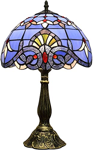 Lámpara Tiffany W12H18 pulgadas, azul lila, estilo barroco, pintura de cristal, lavanda, sombra antigua, lámpara de mesa, base de escritorio, lámpara de lectura, amantes, salón, dormitorio, artesanía