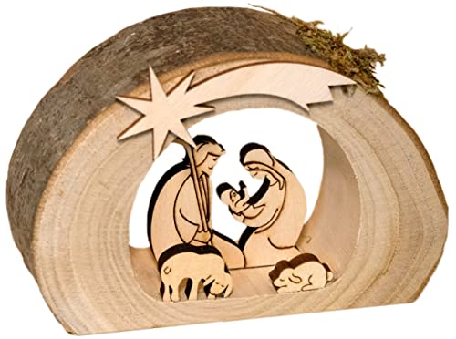 Kaltner Präsente Idea de regalo Belén de madera con Jesús, María y niño en un tronco con corteza