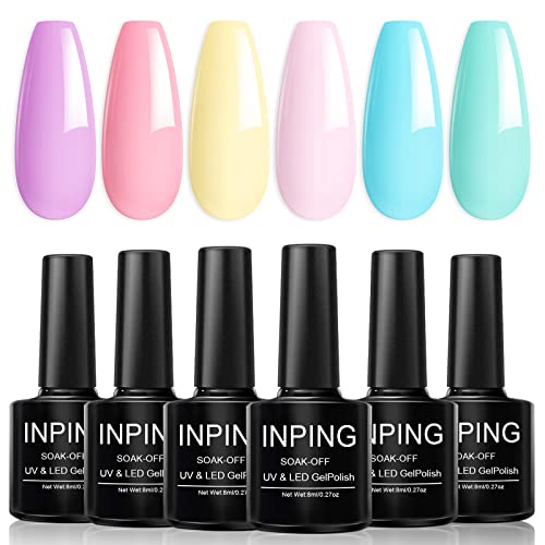 INPING Esmalte de Uñas de Gel Semipermanente, 6 Color Macarrón Pastel Pintauñas Gel, Rosa Amarillo Azul Verde Primavera Verano Kit de Esmaltes de Uñas Gel UV para Principiantes Manicura Kit