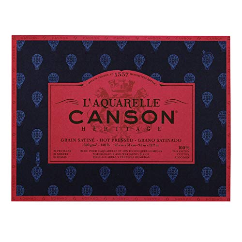 Canson Heritage, Papel de acuarela, Prensado al calor, 300g, Block pegado a 4 lados, 23x31cm, Blanco, 20 hojas