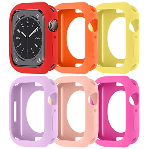 Caso para Apple Watch Serie 6/5/4/SE 44mm, Cubierta HD de la Silicona con Protección de Pantalla para iWatch Serie 8 7 6 SE 5 4 [6 piezas], Rojo/Naranja/Amarillo/Púrpura/Rosa Arena/Barbie Rosa