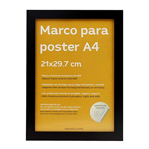 Nacnic - Marco de Madera MDF Negro y Vidrio Acrílico | Protección y Expositor de Fotografías, Láminas, Pósters, Cuadros y Decoración para Salón, Dormitorio u Oficina | A4 (21x29,7 cm)