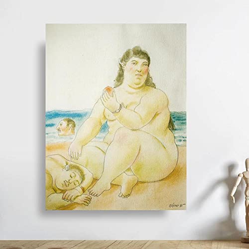 JH Lacrocon Cuadros Pintados a Mano sobre Lienzo Botero Desnudo Pintura al Óleo 70X90 cm Enrollada - En La Playa J5113