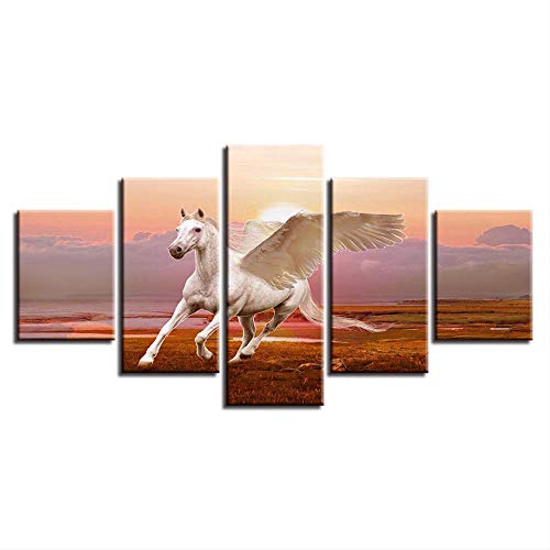 DGGDVP Impresiones HD Lienzo Arte de la Pared Imágenes 5 Piezas Blanco Flying Horse Paintings Decoración para el hogar Pegasus Poster Sala de Estar Modular Tamaño 2 Marco