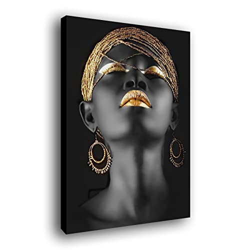Genérico Cuadro lienzo canvas Chica Mujer Africana con maquillaje dorado y pendientes oro - Alta resolución – Varias medidas (80_x_120_cm)