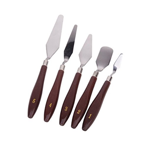 ULTNICE 5pcs Espátula de cuchillo de paleta de pintura al óleo de acero Set con mango de madera (marrón rojizo)
