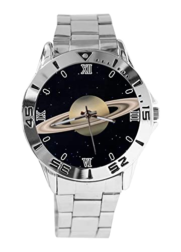 Saturn Planet - Reloj de pulsera analógico unisex de acero inoxidable plateado, plata