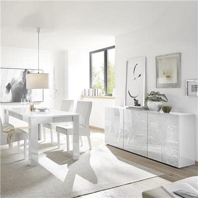Noviomblible - Salón de comer, color blanco lacado, aparador de 3 puertas + mesa de diseño ELMA