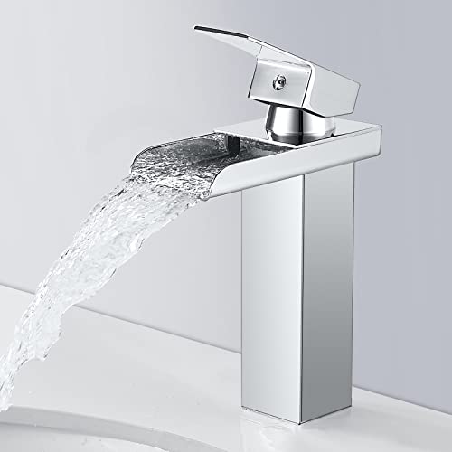 SINKTORY Grifo Lavabo Cascada Moderno, Grifo Lavabo Cromo Grifo para Baño de Latón, Mezclador Monomando Lavabo con Gran Salida de Agua, Válvula De Cerámica, Agua Fría y Caliente Disponibles, G 3/8