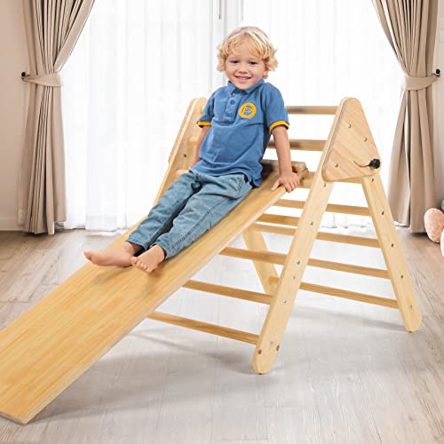 Ogelo Trepador Triángulo, Parque Infantil de Madera Plegable Montessori, Tobogán 3 en 1 y Pared de Roca Juguetes de Madera para Escalar para Niños Pequeños y Gimnasio de Selva